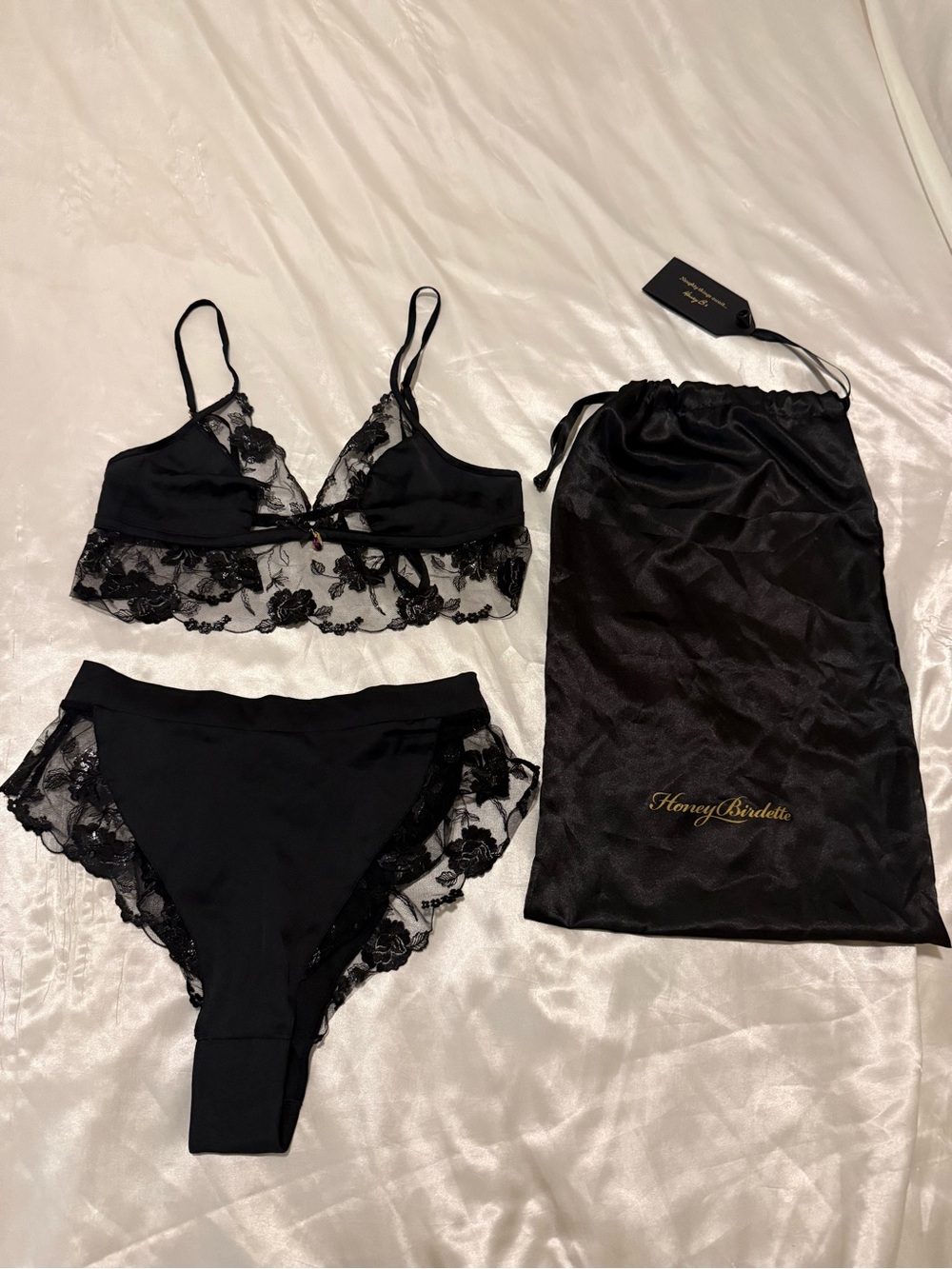 Honey Birdette Black Lace Bralette & Bikini Set with Satin Pouch